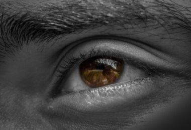 grayscale photography of human left eye
