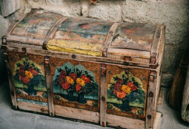 ornamental old chest on ground